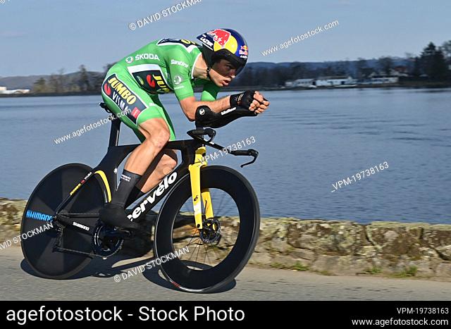 Belgian Wout Van Aert of Team Jumbo-Visma pictured in action during the fourth stage of 80th edition of the Paris-Nice cycling race, an individual time trial