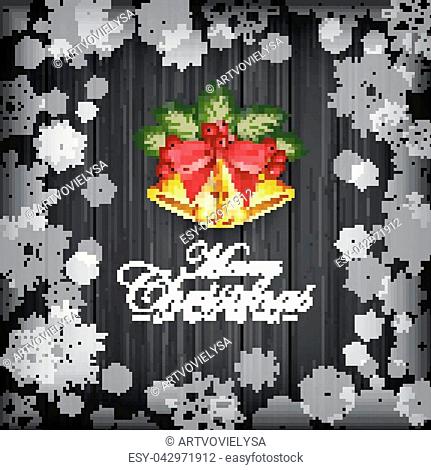 Vector illustration of Christmas dark wooden background with snowflakes, holly and gold bells