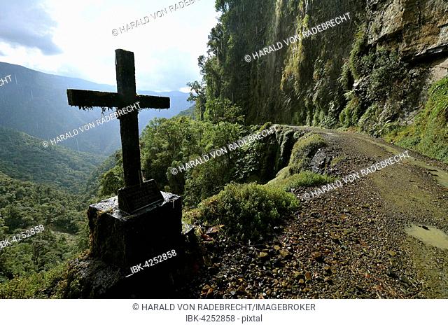 Roadside cross, death road, Camino de la Muerte, Yungas road between La Paz and Coroico, Bolivia