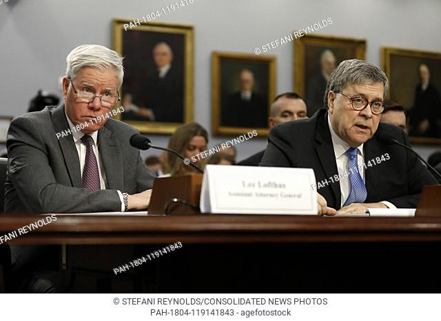 United States Attorney General William Barr, right, appears before the House Appropriations Subcommittee on Commerce, Justice, Science