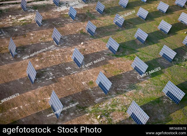 Aerial view of solar panels on a field, Huelva Province, Spain
