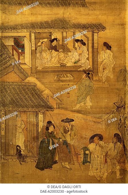 Interior of house and street life, detail on screen with eight panels depicting moments of everyday life signed by Kim Hong-do (1745-1814)
