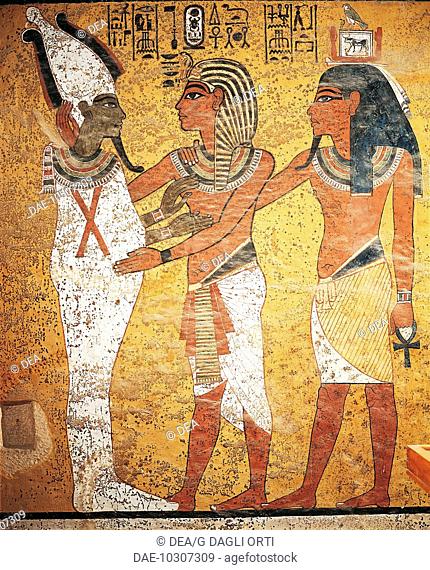 Egypt - Luxor - Thebes (UNESCO World Heritage List, 1979) - Valley of the Kings, Tutankhamen's Tomb. Detail of the frescos: The King accompanied into the...
