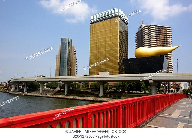 Azuma bridge, Sumidagawa river, Asahi Beer Tower, Asakusa, Tokyo, Japan