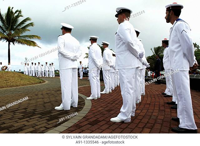 Mauritius, Sailors and crew from french warship La Grandiere commemorating the bicentenary of the Grand Port naval french victory over the british invader...