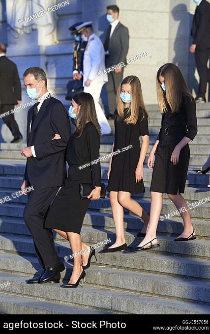 King Felipe VI of Spain, Queen Letizia of Spain, Crown Princess Leonor, Princess Sofia attend Covid-19 mass Funeral at La Almudena Cathedral on July 7