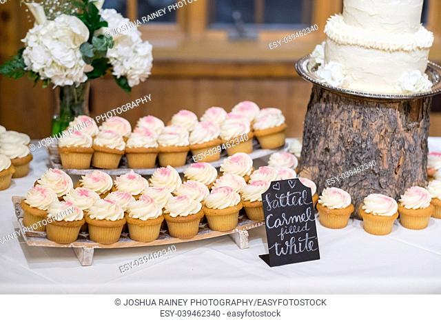 Wedding dessert table full of cupcakes of various flavors with chalkboard signs to show what options there are at this reception