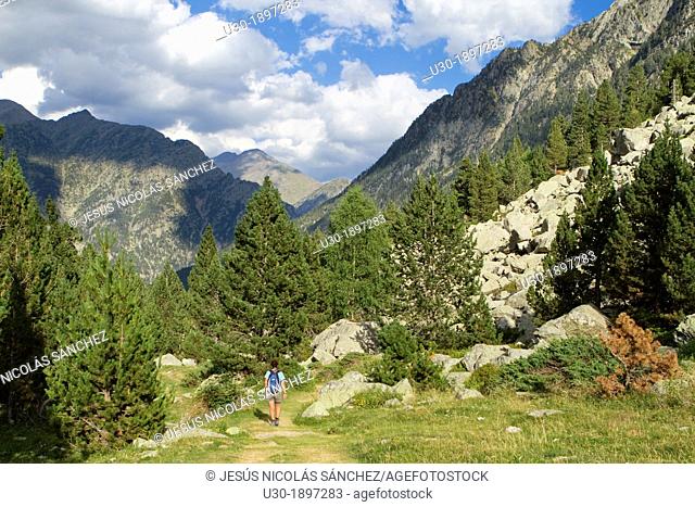 Hiker walking along Barrosa valley, a typical glacier valley of aragonese Pyrenees  Huesca  Spain