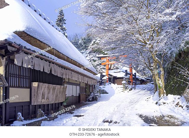 Ichino-torii(1st Torii of Atago Shrine) at Toriimoto in snow, Sagano, Kyoto, Japan
