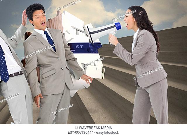 Composite image of businesswoman with megaphone yelling at colleagues