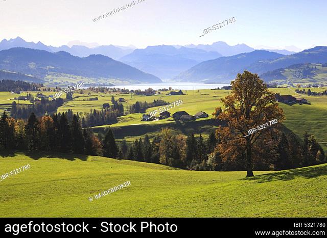 Einsiedeln, Grosser Mythen, Kleiner Mythen, Sihlsee, View from Etzel, Central Swiss Alps, Schwyz, Switzerland, Europe