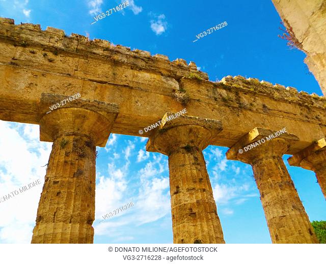 Paestum (Capaccio, SA, Cilento, Campania, Italy). The temple of Neptune (also called Temple of Hera II or Popseidon), located in the archaeological site of...