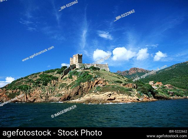 Ruins of Genoese castle at Girolata, Bay of Girolata near Porto, Corsica, France, Ruins of Genoese fortress at Girolata, Bay of Girolata near Porto, Corsica