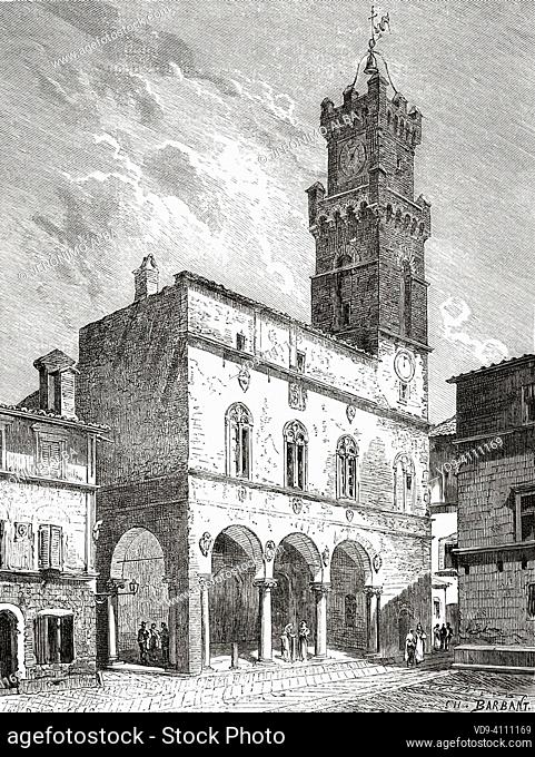 Town Hall at Pio II square, Pienza. Siena province, Tuscany, Italy. Travel through Tuscany by Eugene Muntz 1881. Le Tour du Monde 1882