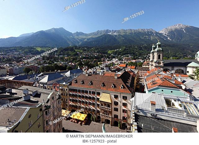 Historic city centre of Innsbruck with the Golden Roof and Cathedral, view from City Tower, Tyrol, Austria, Europe