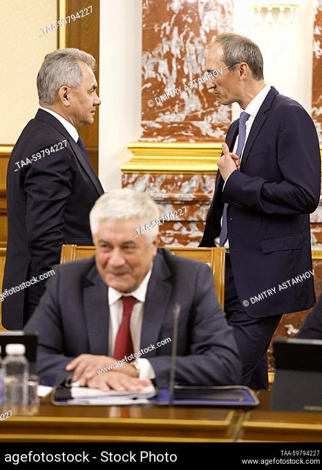 RUSSIA, MOSCOW - JUNE 13, 2023: Russia's Minister of Internal Affairs Vladimir Kolokoltsev (seated) and Russia's Defence Minister Sergei Shoigu and Russia's...