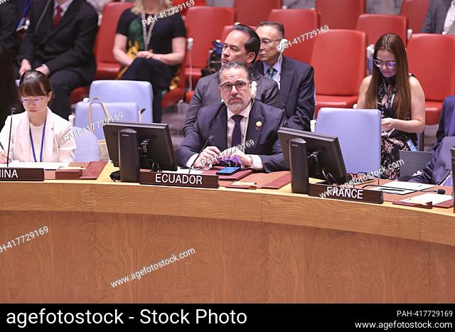 United Nations, New York, USA, July, 21 2023 - Gustavo Manrique, Minister for Foreign Affairs of Ecuador, addresses the Security Council meeting on maintenance...