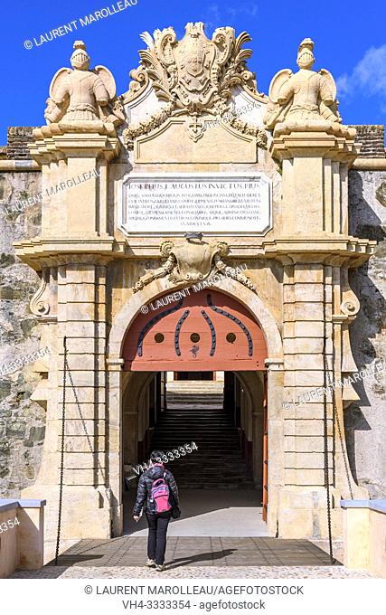 Main gate with royal coat of arms, Fort of Graca, Garrison Border Town of Elvas and its Fortifications, Portalegre District, Alentejo Region, Portugal, Europe
