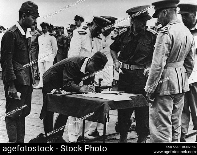 Japanese South-Eastern Army Chief Surrenders on Board H.M.S. Glory -- Picture taken on board the British light fleet carrier Glory off ***** on September 6 '45...