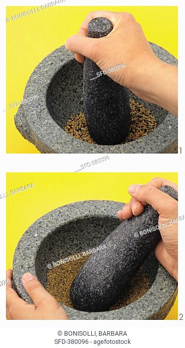Grinding spices with a mortar and pestle
