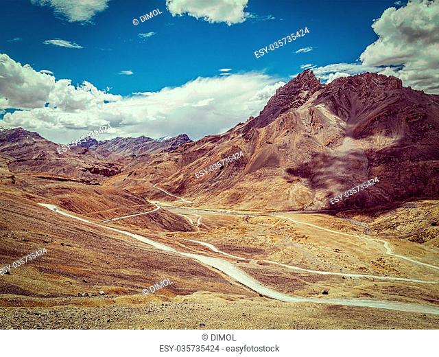 Vintage retro effect filtered hipster style image of famous Manali-Leh high altitude road road to Ladakh in Indian Himalayas