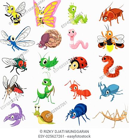 This image is a set of insect cartoon character flat design vector illustration