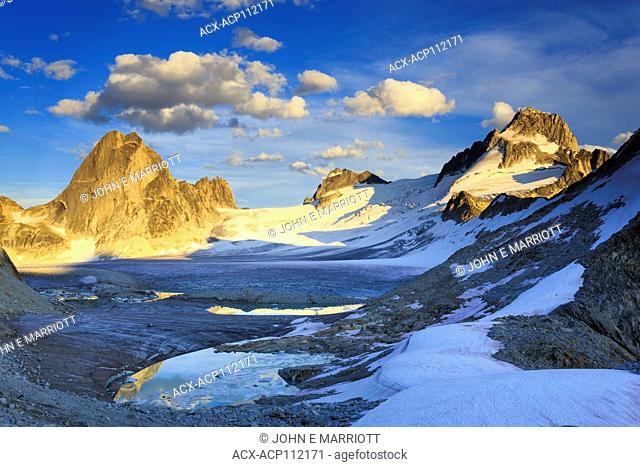 View of the Bugaboo Mountain range at sunset, Vowell Glacier, Bugaboo Spire, North Howser Tower and the Bugaboos Group