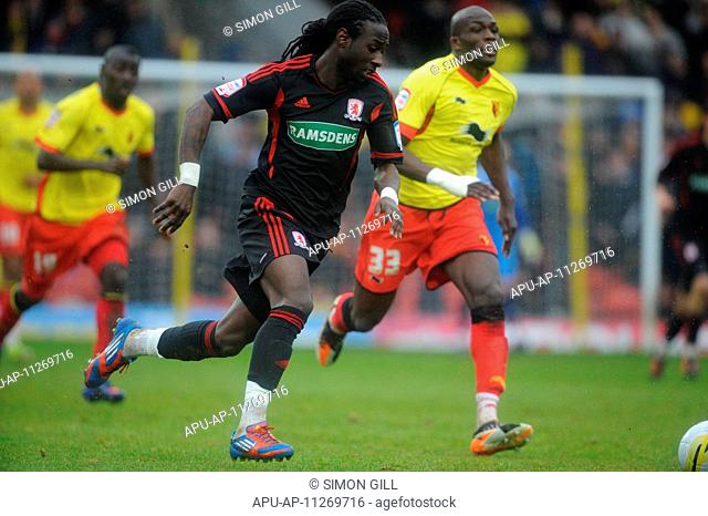 28 04 2012 Watford, England Watford v Middlesbrough Marvin Emnes Middlesbrough Striker in action during the NPower Championship game played at Vicarage Road