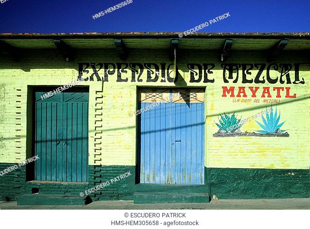 Mexico, Oaxaca State, Mitla, shops selling Mezcal, facade