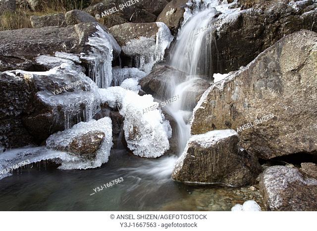 Frozen waterfall in Caldes de Boi in the national park Aigüestortes, Pyrenees, Lleida, Catalonia, Spain