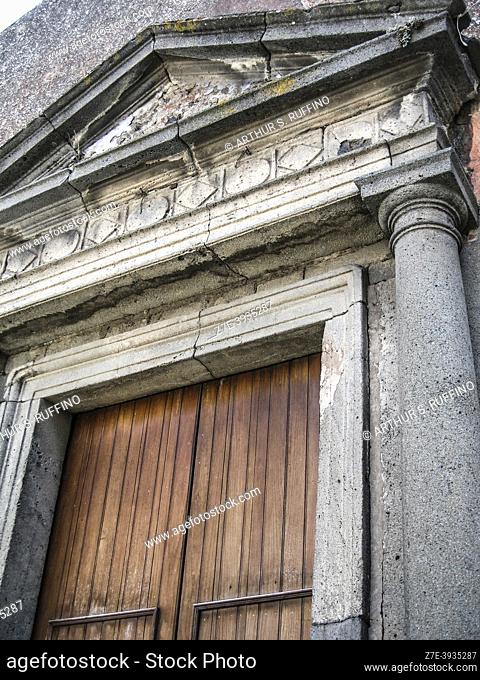 Partial view of the entrance portal to the Church of the Lord of Piety (Chiesa Signore della PietÃ ). Randazzo, Metropolitan City of Catania, Sicily, Italy