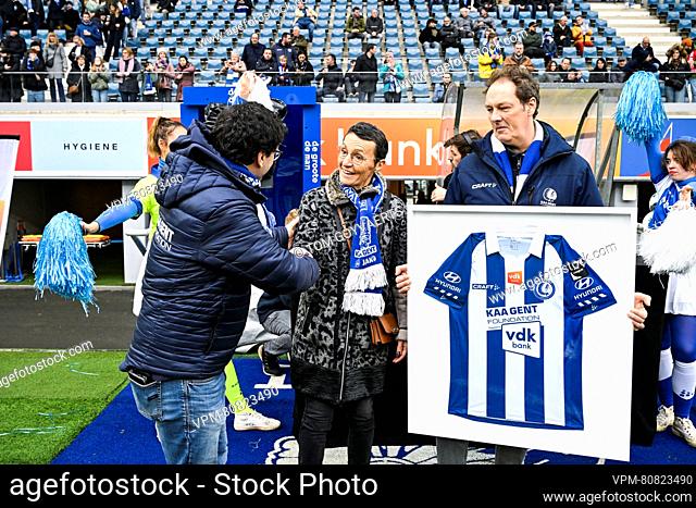 Leen Van den Neste, CEO of the VDK bank and the AA Gent's foundation people pictured before a soccer match between KAA Gent and Royale Union Saint-Gilloise