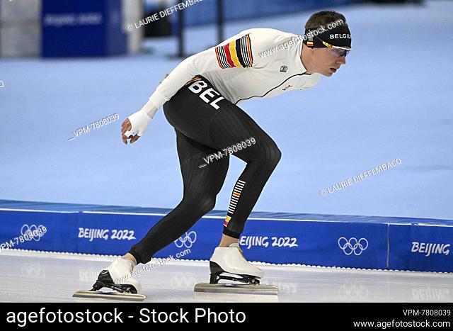 Belgian speed skater Bart Swings pictured in action during the warming-up for the men's 5000m speed skating event, at the Beijing 2022 Winter Olympics in...