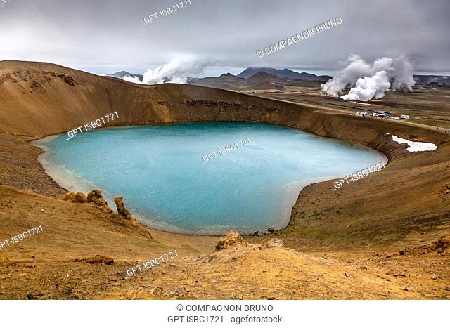 VIEW OF THE VITI CRATER NEAR THE GEOTHERMAL ENERGY PLANT, GEOTHERMAL ZONE OF NAMAFJALL WITH COLORFUL VOLCANIC DEPOSITS, A VERITABLE MAZE OF SOLFATARA AND...