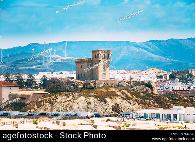 Ancient medieval Castle tower in Tarifa, Andalusia Spain. The castle of Castle of St Catalina