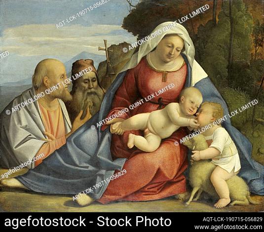 Madonna and Child with the Infant John the Baptist and Saints Peter and Anthony, In a landscape, Mary sits on the ground with the Christ child on his lap