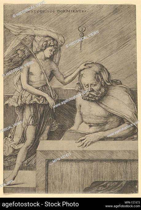 The Guardian Angel: an angel at left placing his hand on the head of a sleeping seated man. Artist: Jacopo de' Barbari (Italian