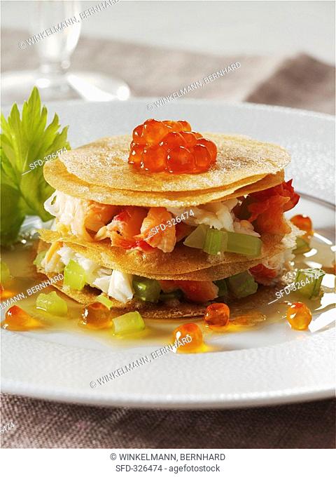Filo pastry and crabmeat tower with salmon caviar