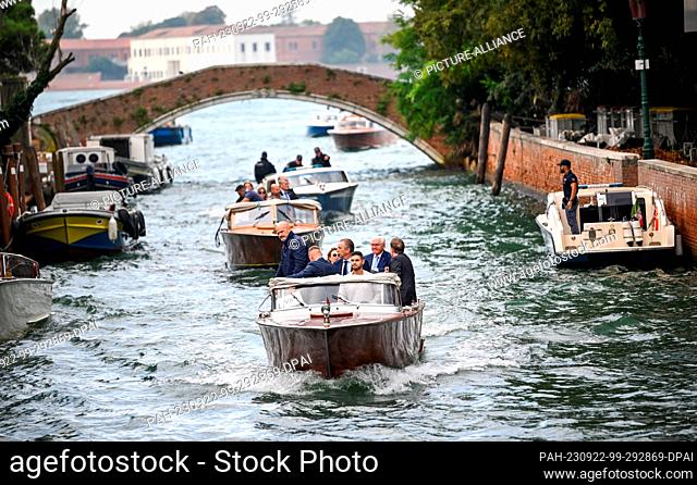 22 September 2023, Italy, Venedig: German President Frank-Walter Steinmeier and his wife Elke Büdenbender arrive by boat during a visit to the 18th...