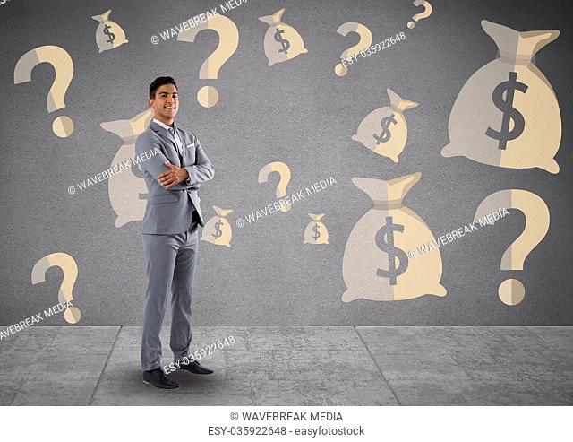 man in front of money on wall