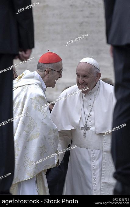 Vatican City, Vatican, 9 october 2022. Pope Francis greets cardinal Tarcisio Bertone at the end of the mass for the canonization of two new saints
