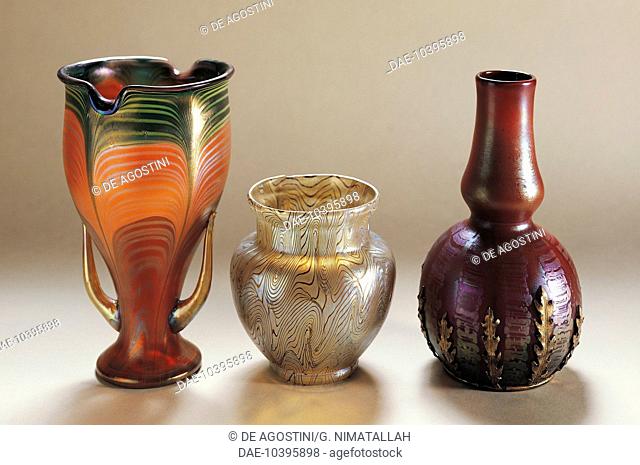 Iridescent glass vases, Loetz-Witwe glassworks, 1900-1909, 20th century.  Vienna, Österreichisches Museum Für Angewandte Kunst (Austrian Museum Of Applied Arts)