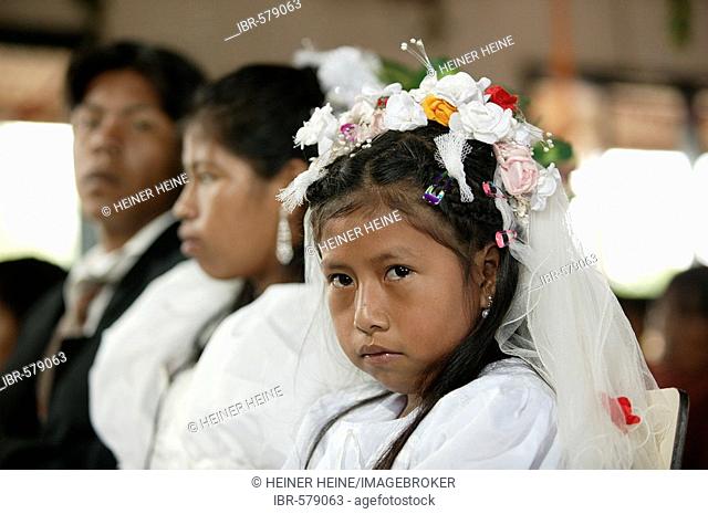 Bride with flower girl, Indian wedding, Loma Plata, Chaco, Paraguay, South America