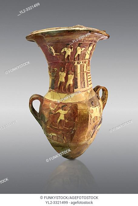Hüseyindede vases, Old Hittite Polychrome Relief vessel depicting a procession of musicians and dancers, ox wagon, bulls and sacrificial altar, 16th century BC