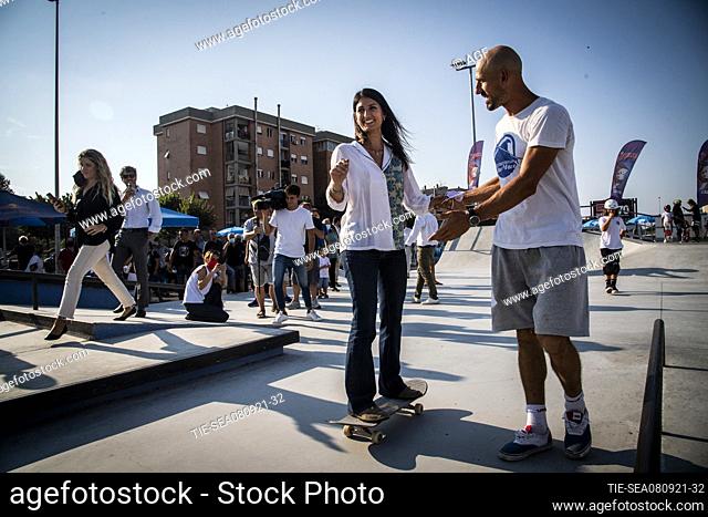 the Mayor of Rome Virginia Raggi visits the skate park during an electoral tour in Ostia, Rome 09 Sept 2021