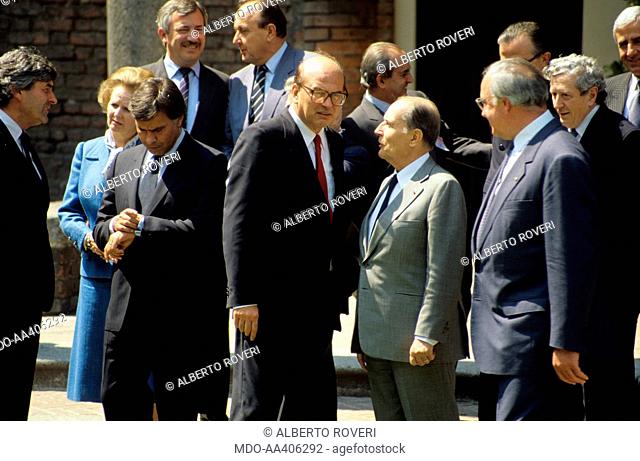 Francois Mitterrand, Bettino Craxi, Helmut Kohl, Margaret Thatcher and Felipe Gonzalez at an international meeting. The President of the Council of Ministers of...