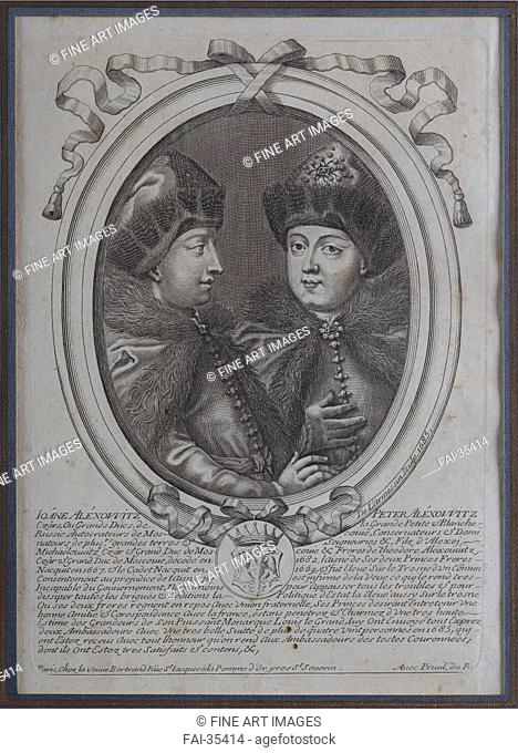 The Tsars Ivan Alexeyevich and Peter Alexeyevich of Russia by Larmessin, Nicolas de (1640-1725)/Etching/Baroque/France/Constantine Palace, St