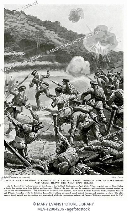 At Cape Helles, Lancashire Fusiliers land and charge the Turks despite heavy fire; many are killed, but Captain Willis wins the VC