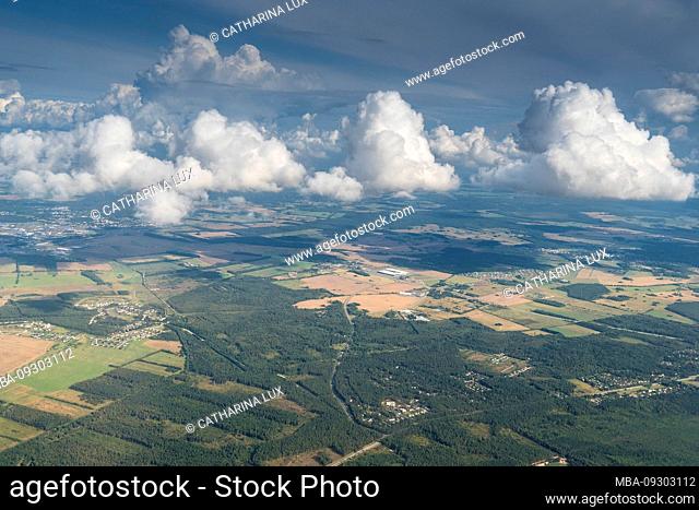 Estonia, flight, aerial photograph, forest and fields, clouds, Cumulus congestus