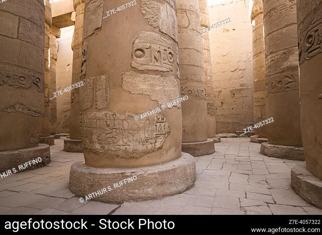 Columns in the Hypostyle Hall. Temple of Karnak. El-Karnak, Luxor Governorate, Egypt, Africa, Middle East